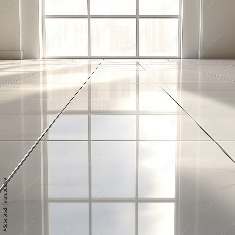 Poster large window with a reflection of the sun on the floor. the room is empty and the floor is covered i