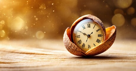 Tiny clock inside seed warm golden hues and natural textures symbolizing growth time and slow unfolding of life