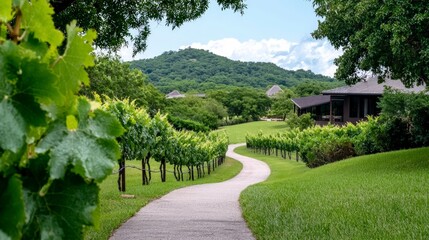 Vineyard Estate  Scenic Driveway  Lush Grapevines  Manor House  Hillside  Green Landscape