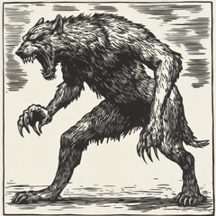 Aggressive Werewolf Illustration Monochrome Vintage
