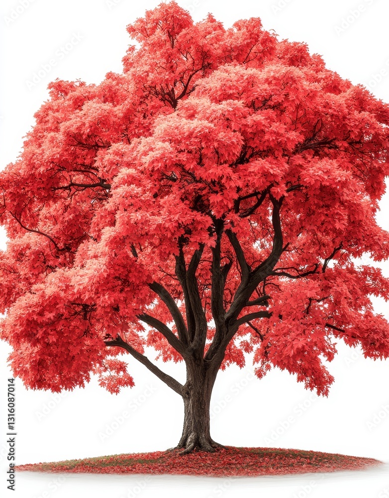 Poster a large red maple tree displaying vibrant red leaves is set against a plain white background to high