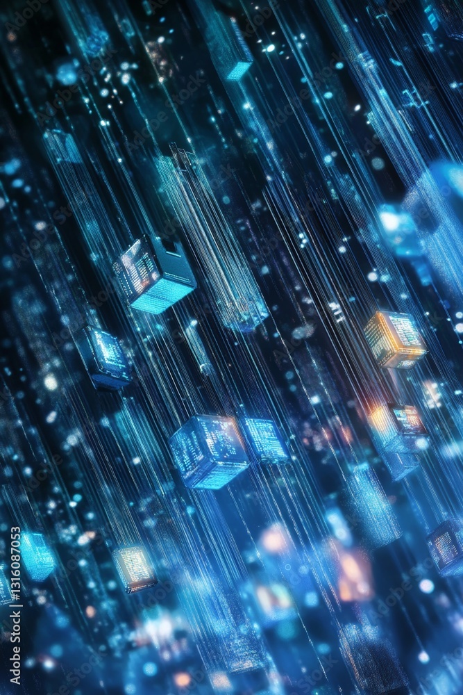 Poster abstract digital background with glowing blue cubes and data stream in a futuristic environment