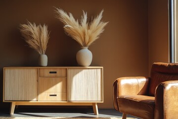 Sunlight illuminates modern living room with wooden cabinet, leather armchair, pampas grass