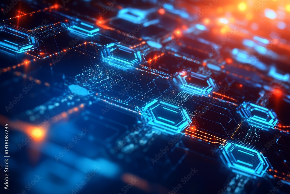 Poster a computer chip with blue and orange squares. the squares are connected to each other in a grid