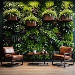 Modern Living Room with Green Wall and Leather Armchairs