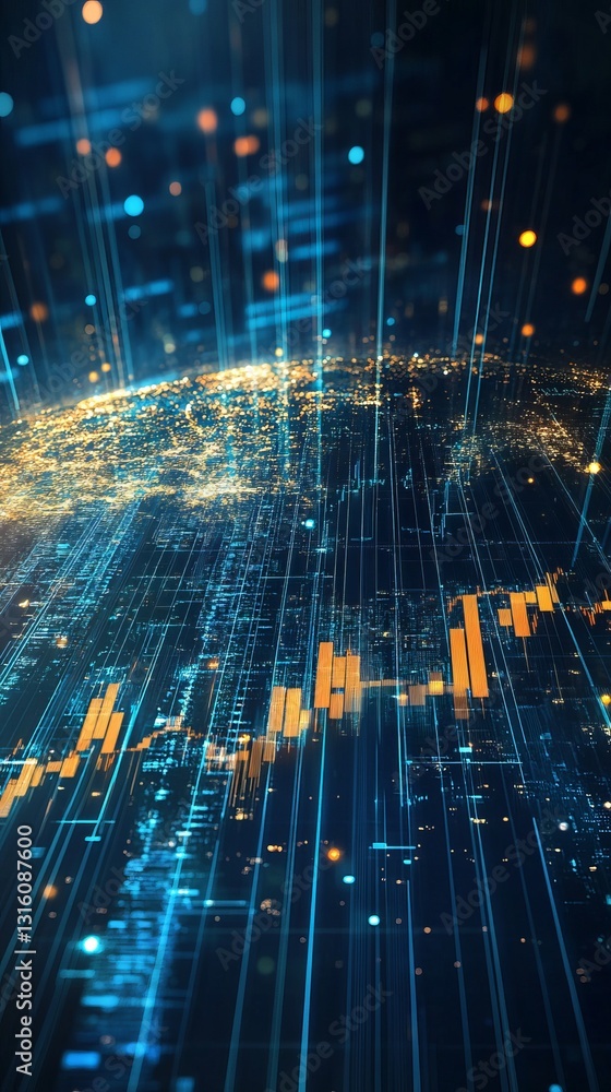 Poster a visually stunning digital representation of a global network showcasing stock market data and anal