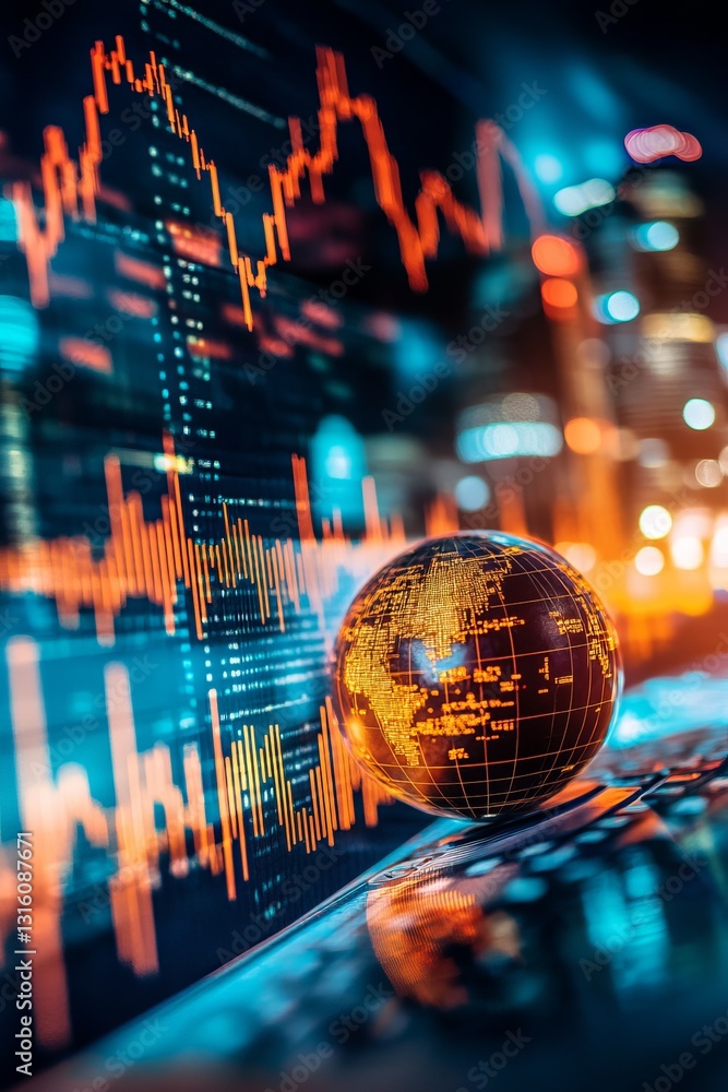 Poster global finance concept with chart and globe in modern design