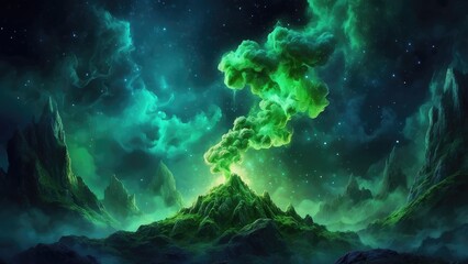 Obraz premium Emerald green smoke swirling against a dark black background.