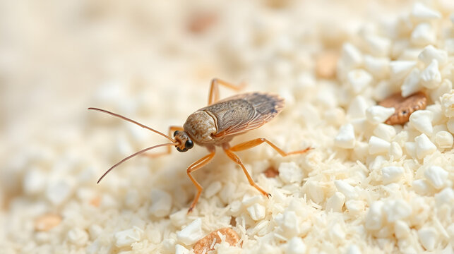 Booklice or barklice in white flour. Little Liposcelis bostrychophila in order Psocoptera, selective focus