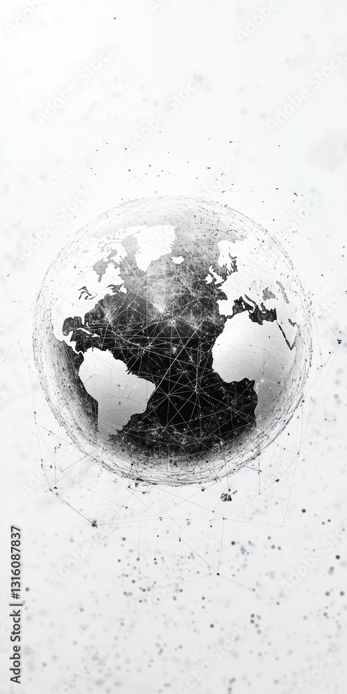 Poster abstract visualization of a globe in black and white featuring dust particles and textures