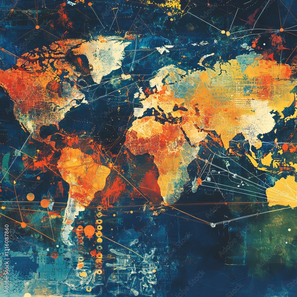 Poster this vibrant abstract artwork features a global map filled with colorful patterns and geometric shap