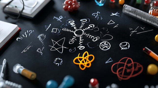 Vibrant 3D Render: Science Symbols & Lab Equipment on Dark Surface AI Generated - Powered by Adobe