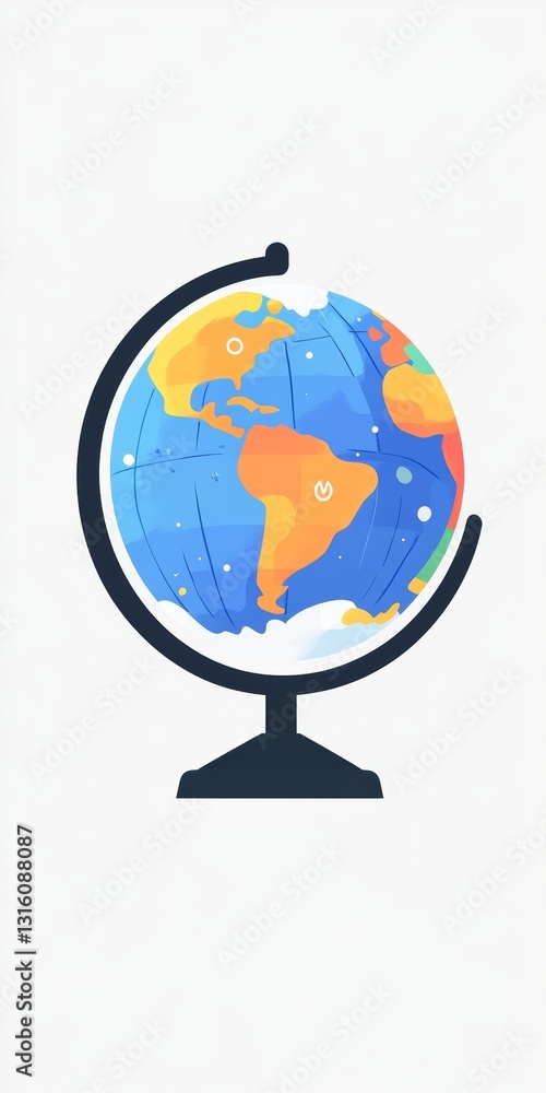 Poster a globe with a blue and yellow color scheme. the globe is on a stand. the globe is a representation 