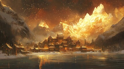 Fiery mountain sunset illuminates a snow-covered village nestled beside a calm lake.