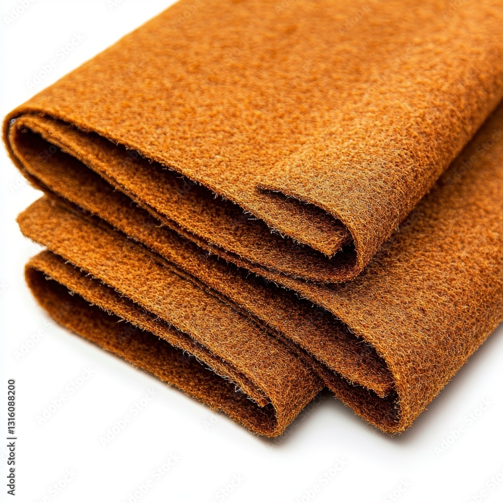 Poster three rolls of amber brown fabric neatly stacked against a white background. the texture appears sof