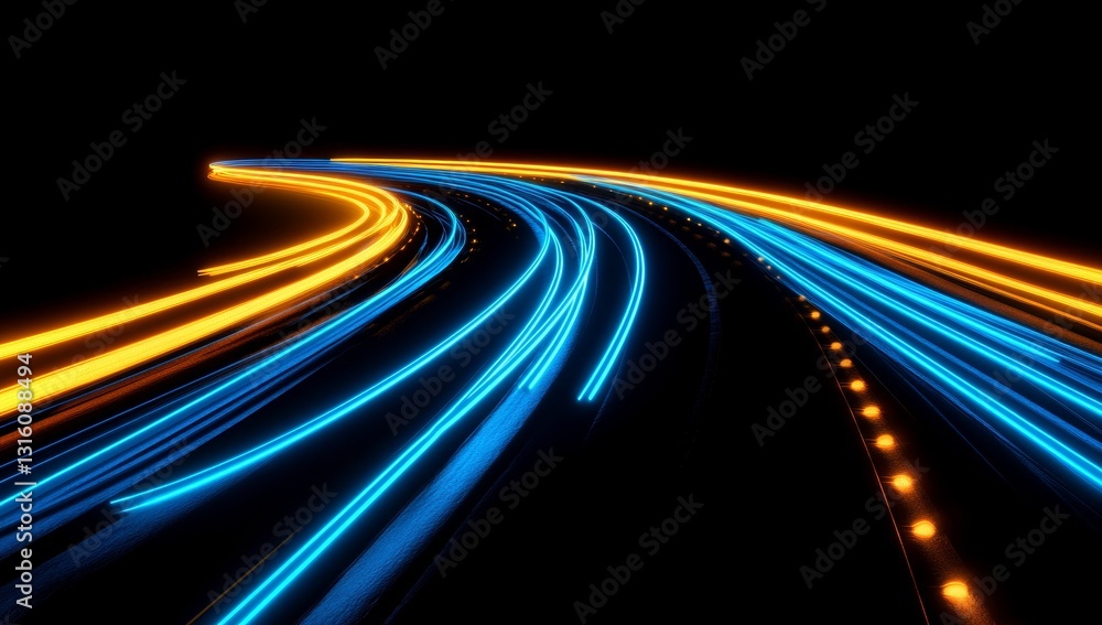 Wall mural abstract representation of dynamic movement blue and orange glowing light trails on a dark road at n