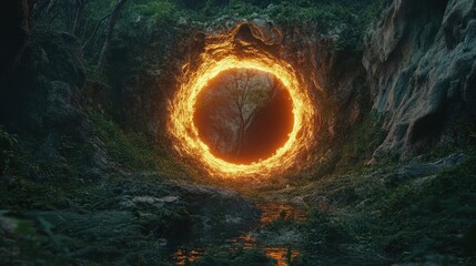 Fiery ring portal in lush jungle setting.