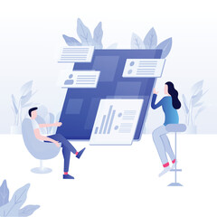 Obraz premium Office workers review data on large screen, plants background, project presentation