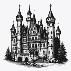 Naklejka premium Enchanted Castle Drawing Detailed Illustration