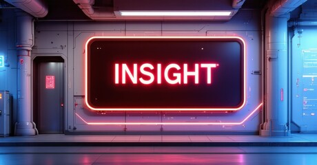 Obraz premium Cyber style illuminated billboard with insight in neon red and silver standing at entrance of futuristic research lab with holographic projections