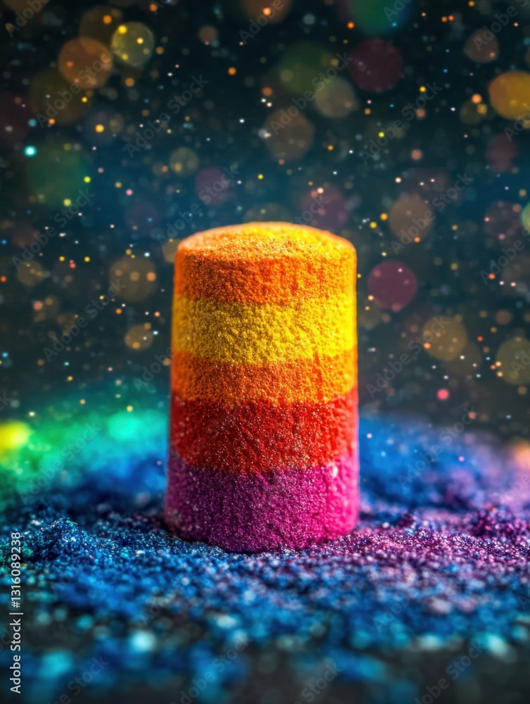 Poster vibrant pigment cylinder on sparkling powder backdrop creating a mesmerizing colorful display and ar