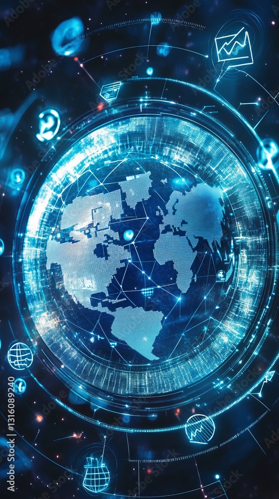 Poster a stunning digital depiction of a globe surrounded by technology icons and data connections, showcas