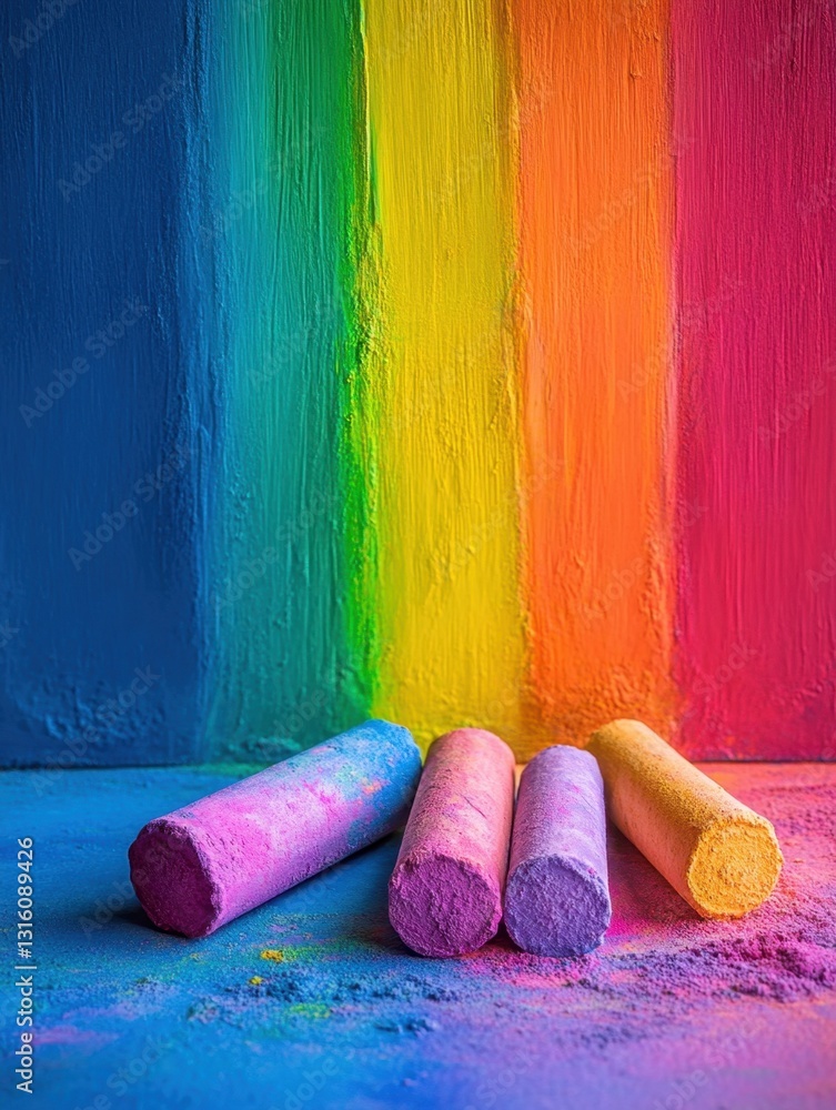 Poster vibrant chalks against a colorful rainbow backdrop evoking creativity and artistic expression in a p
