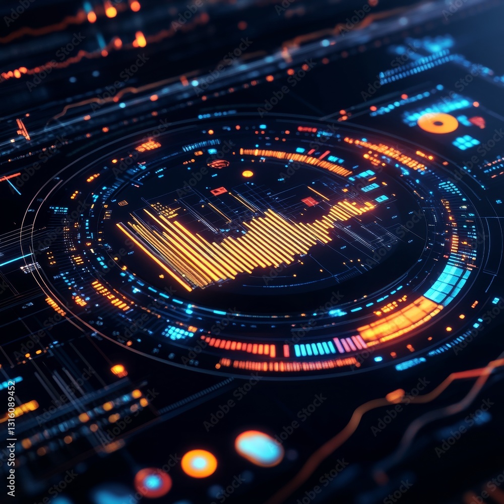 Poster futuristic data visualization interface with colorful geometric patterns and analytics display