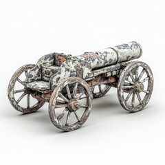Fototapeta premium Antique white and grey cannon model on wheels, displayed against a bright white background. The model shows signs of age and wear.