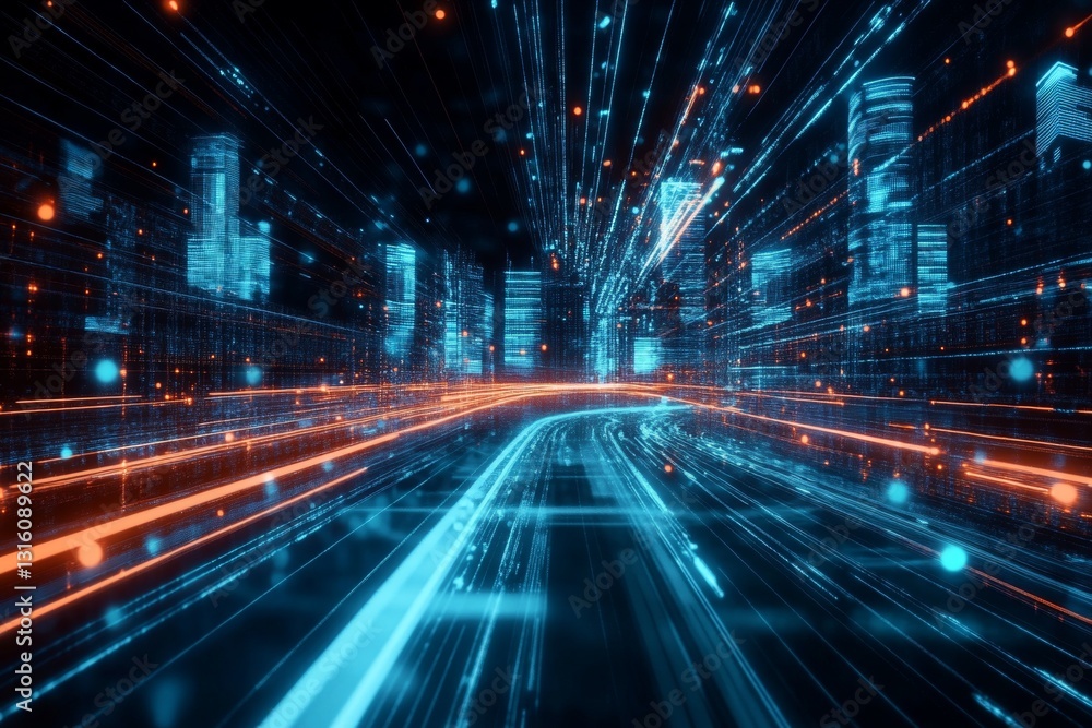 Poster futuristic urban skyline with neon lights and dynamic motion in a data-driven cityscape