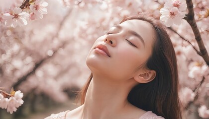 Fototapeta premium Serene Woman Amidst Cherry Blossoms