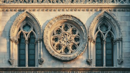 Gothic architecture detail rose window and arched windows.