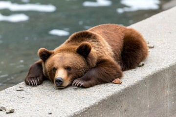 Fototapeta premium A resting brown bear lies lazily on a concrete ledge by the water, showcasing its relaxed demeanor in a natural setting.