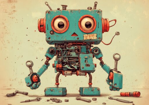 Broken cartoon robot disassembled in a retro PNG illustration imitating comic book style pop art