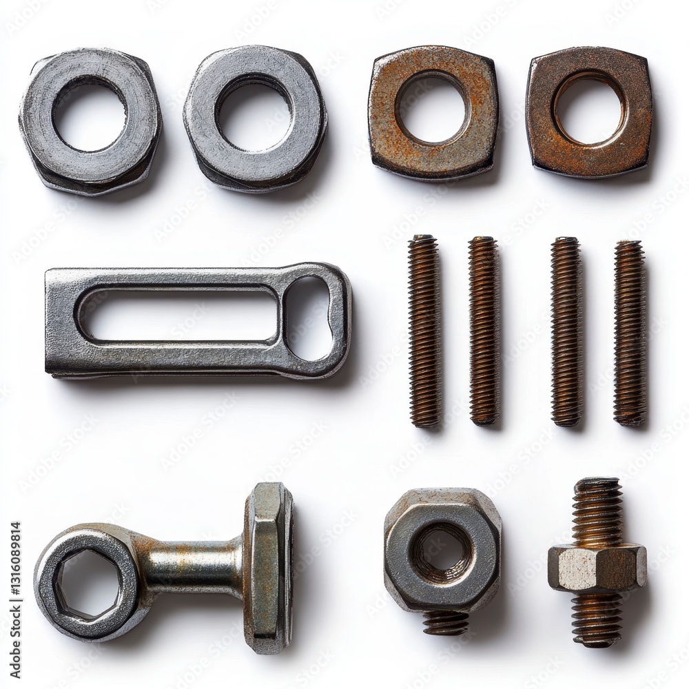 Poster studio shot of assorted metallic hardware against a white background. the collection includes rusty 