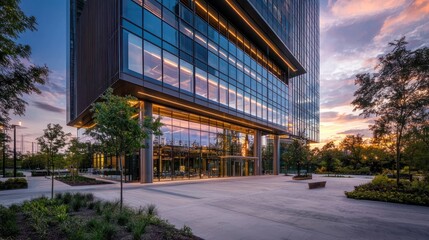 Obraz premium Modern glass skyscraper entrance at sunset.