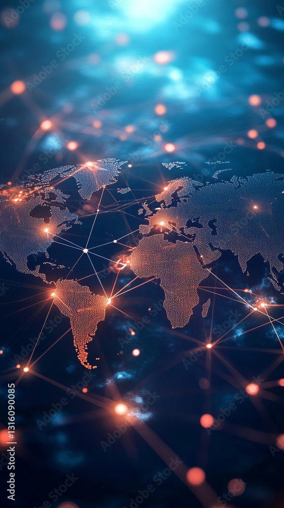 Poster stunning visualization of a global network with glowing connection points illuminating the world map