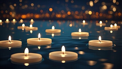 A serene night scene featuring floating candles illuminated on calm, reflective water.