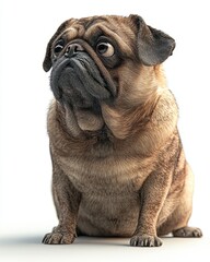 Obraz premium A cute pug puppy is sitting with its head turned, gazing playfully over its shoulder with a curious and wrinkled expression