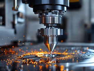 Dynamic Macro View of CNC Machine Cutting Titanium Alloy with Predictive Maintenance Alerts Projected Through Augmented Reality Overlay