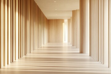 Sunlit wooden hallway, modern building, calm interior, architectural design, brochure use