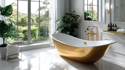 Gold tub with plants and window views, modern and elegant. Bright and clean bathroom, fresh and serene