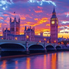 Naklejka premium A captivating aerial view showcases a majestic bridge stretching across a river, with a charming clock tower rising prominently in the background, surrounded by lush greenery.