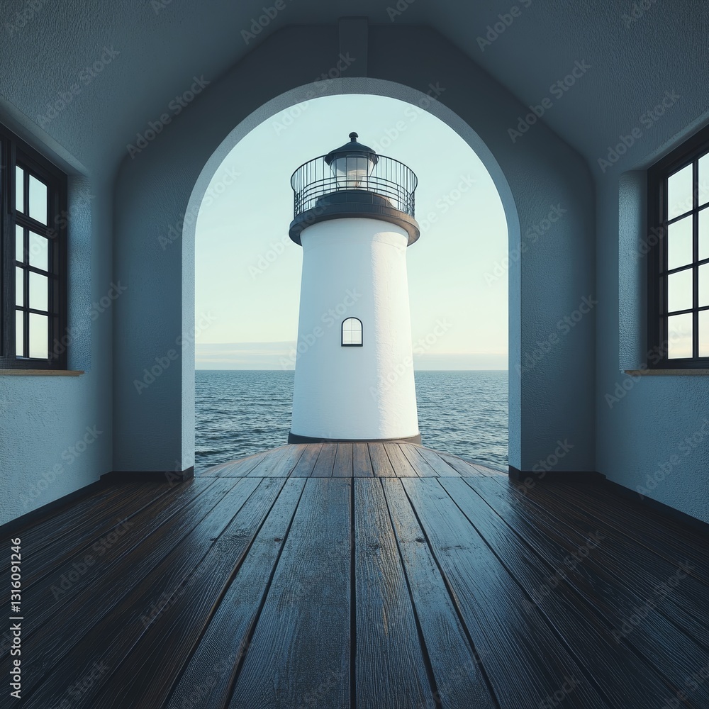 Poster lighthouse is seen through a window in a building. the lighthouse is white and the building is made 