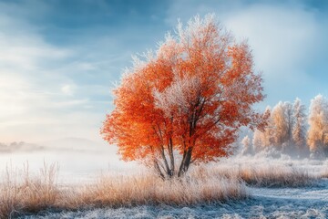 Vibrant orange and red trees stand against the cool morning air, frost sparkling on the ground.