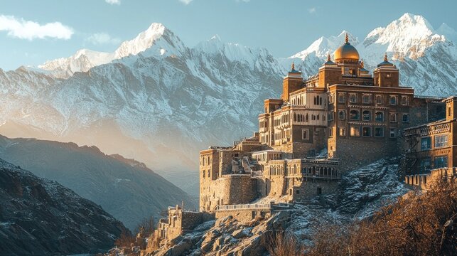 Majestic mountain temple at sunrise.