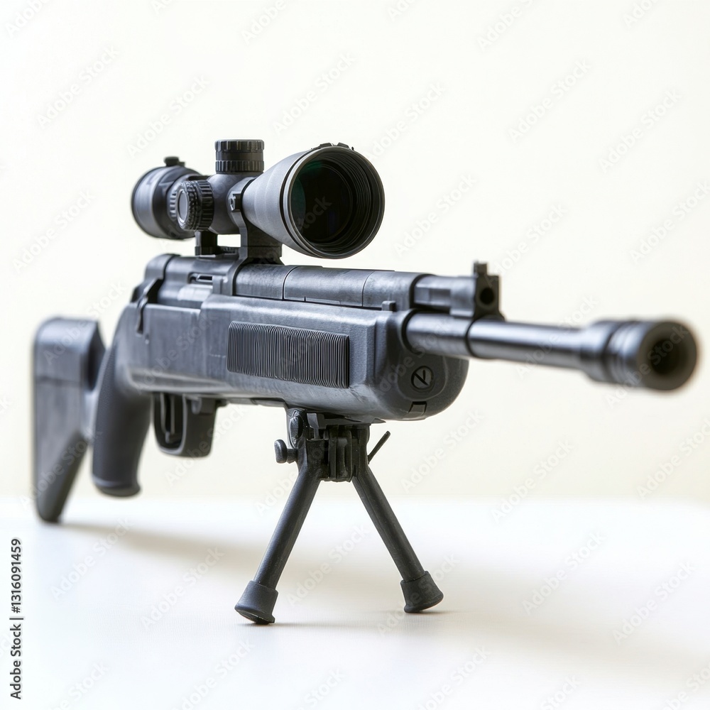 Poster black air rifle with scope on bipod, angled view against white background. detailed close up showing