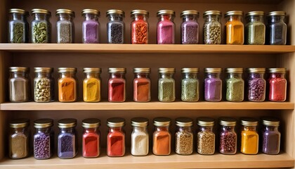 Colorful Spices in Glass Jars on Wooden Shelf