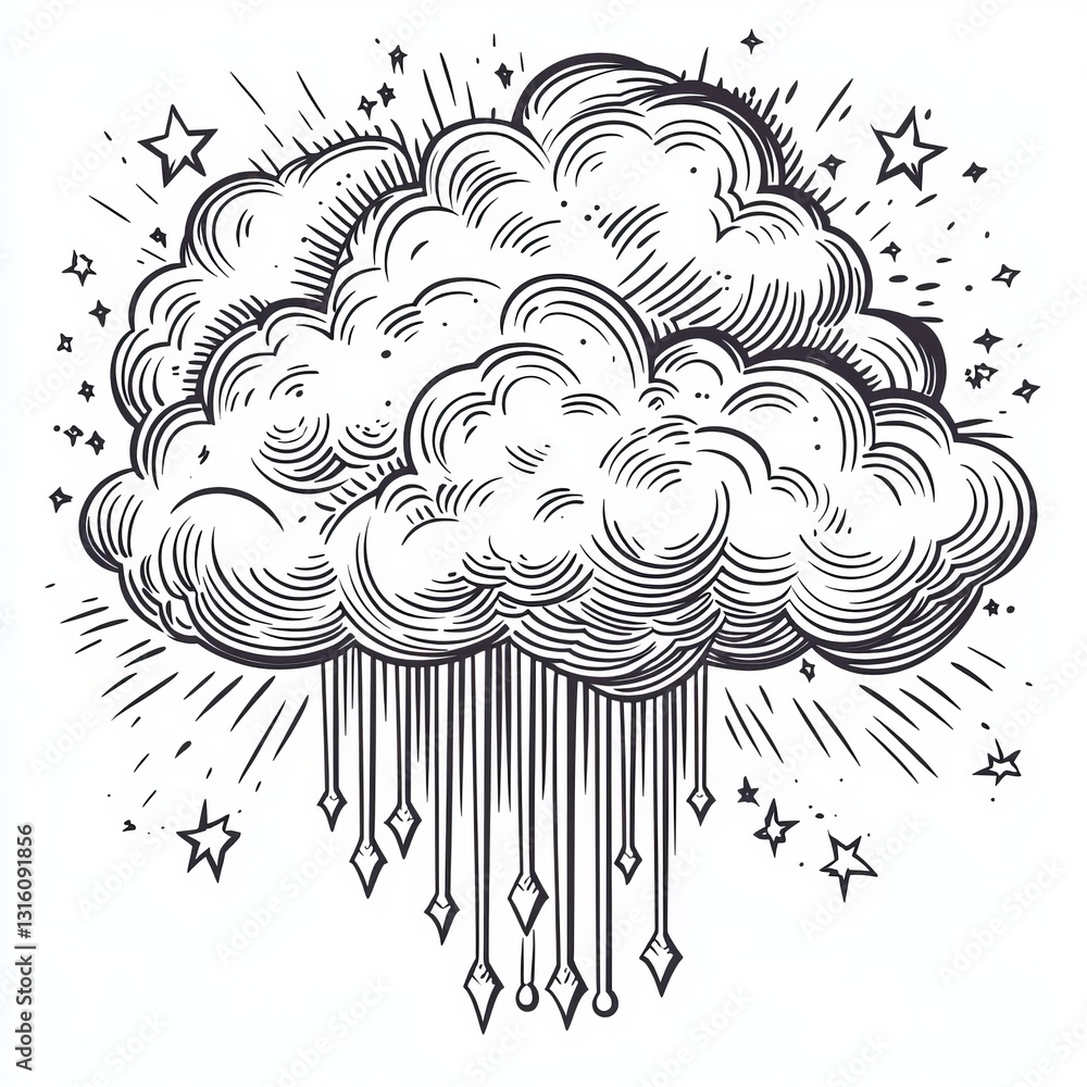 Wall mural stock has created a raster illustration of a cloud being struck by lightning from below, presented i