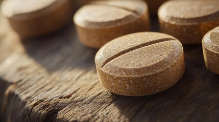 Close-up of Brown Dietary Supplements on Wooden Surface